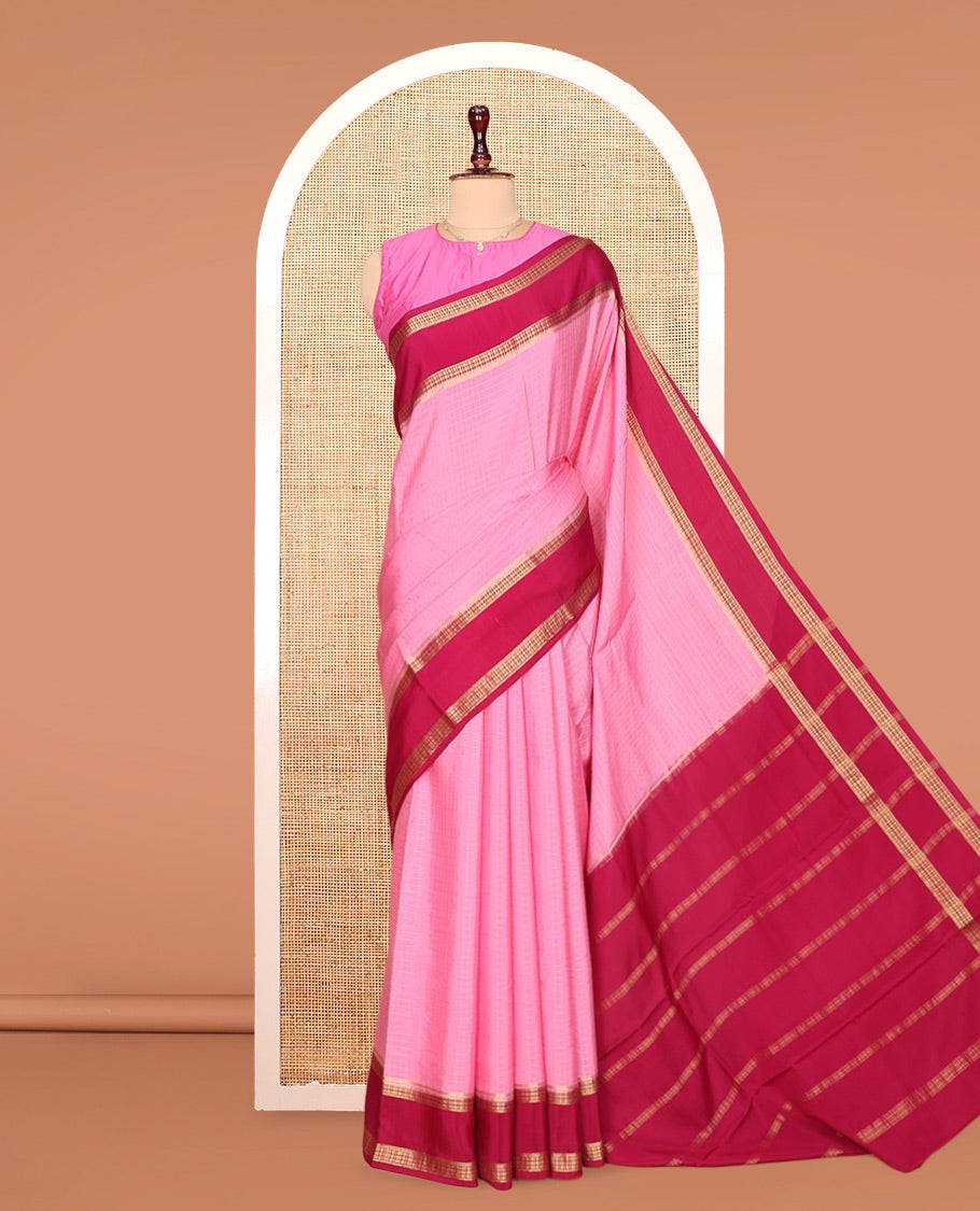 Pink Mysore Silk Saree, Highlighted by Zari Checked Design On Its Body, Complemented by Captivating Contrast Traditional Zari Design Border, Gleaming Zari Striped Pallu, and Paired with a Contrast Blouse