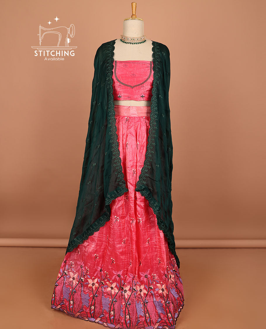 Pink floral embroidery half saree with self-border , embroidery blouse & floral design scallop border