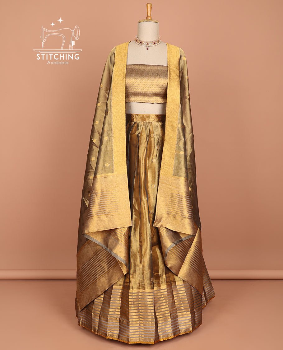 Brown buttas half saree with contrast striped border, zari design blouse & butta , striped zari design dhavani