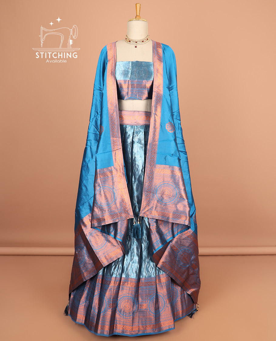 Blue half saree with contrast zari design border, zari design blouse & floral motifs zari design dhavani