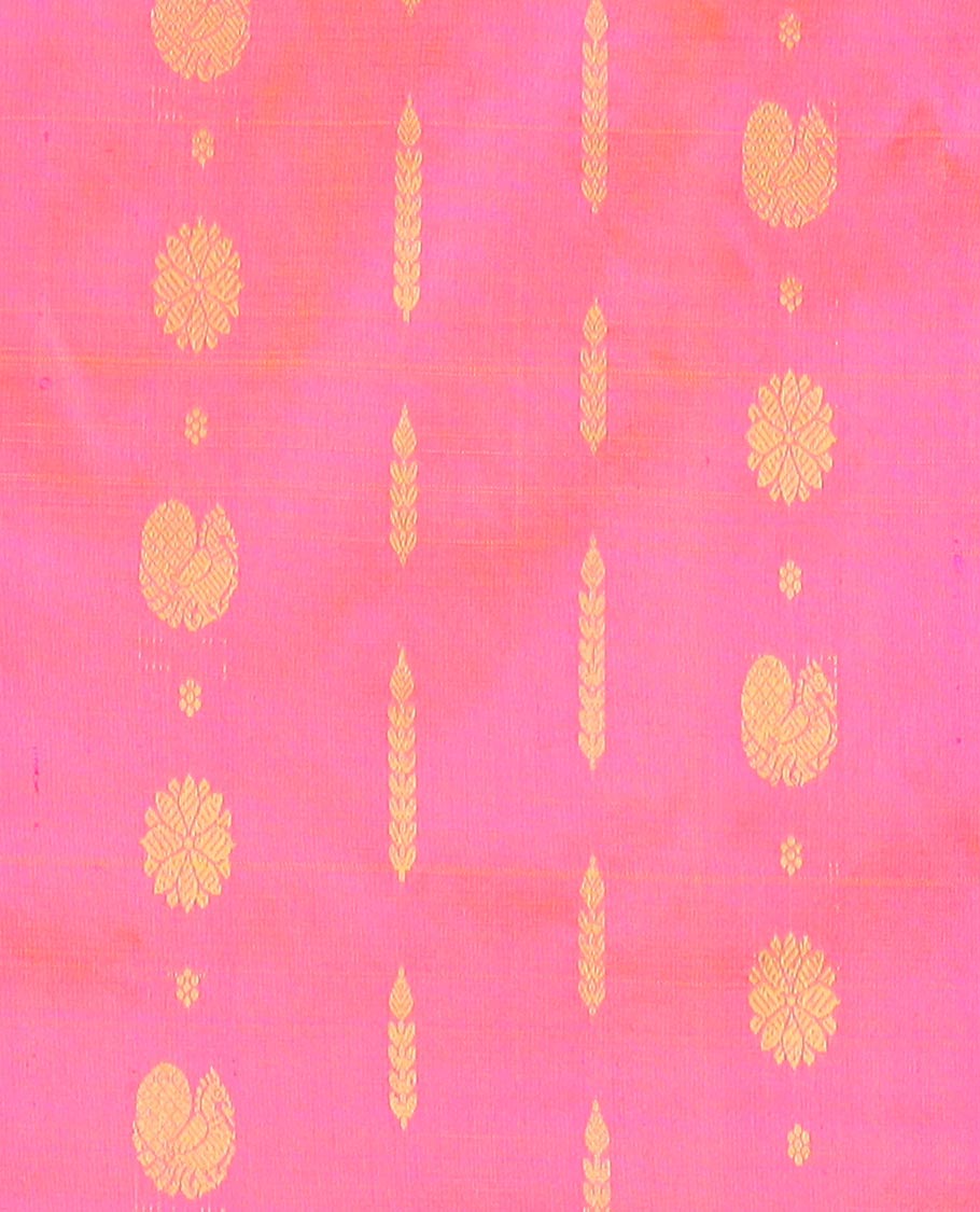Pink buttas silk half saree with contrast border of banaras, manga design,zari design blouse & zari design border dhavani