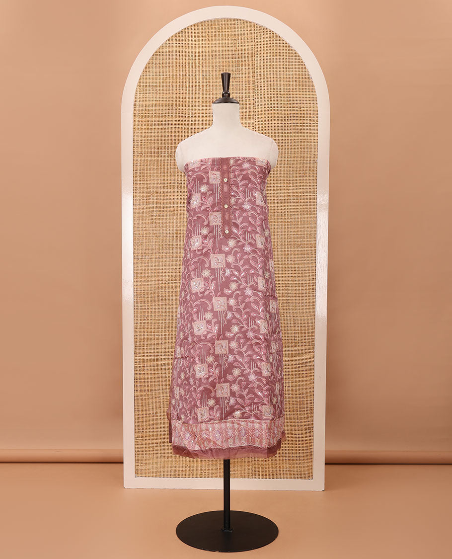 Fawn color material chudidar set,floral-geometric print & outline embroidery organza top,plain bottom & floral vine sequins embroidery dupatta