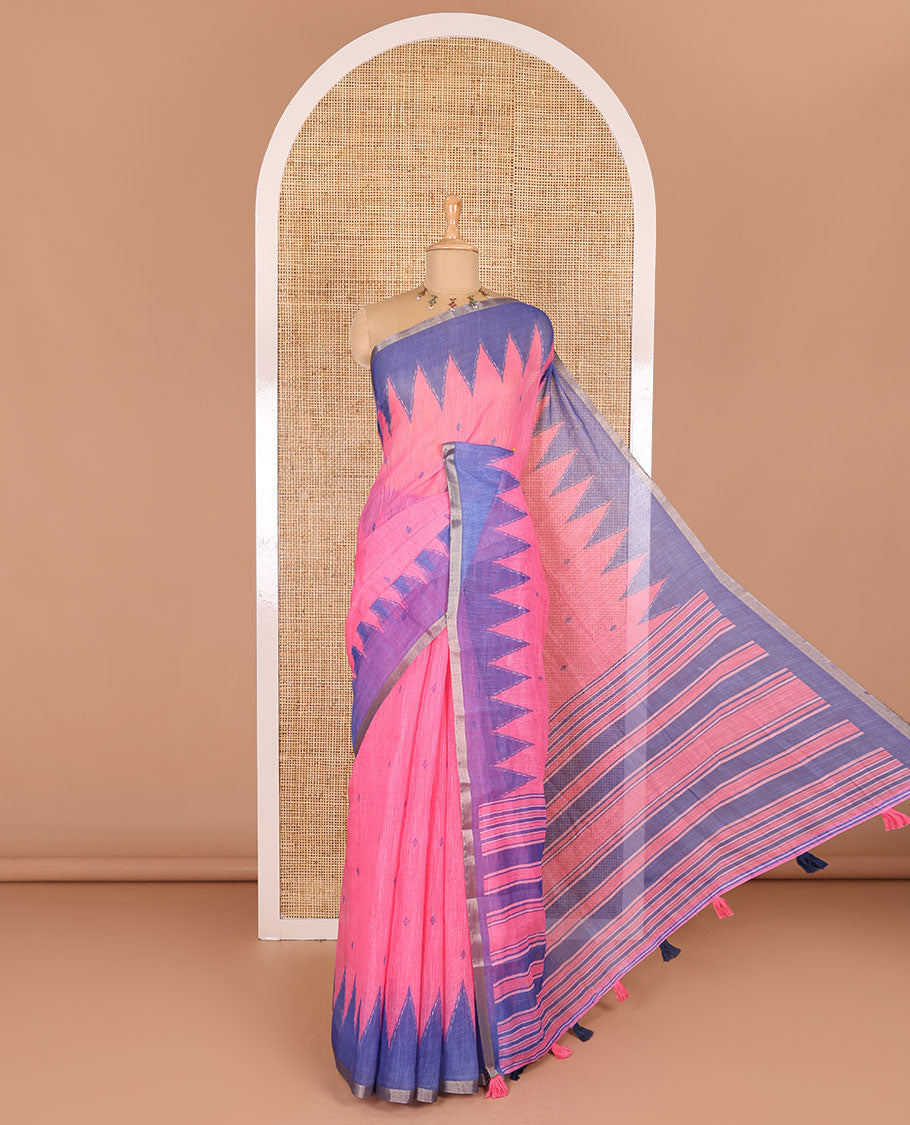 Pink small thread buttas linen cotton saree, contrast temple zari piping border, striped pallu and a contrast blouse
