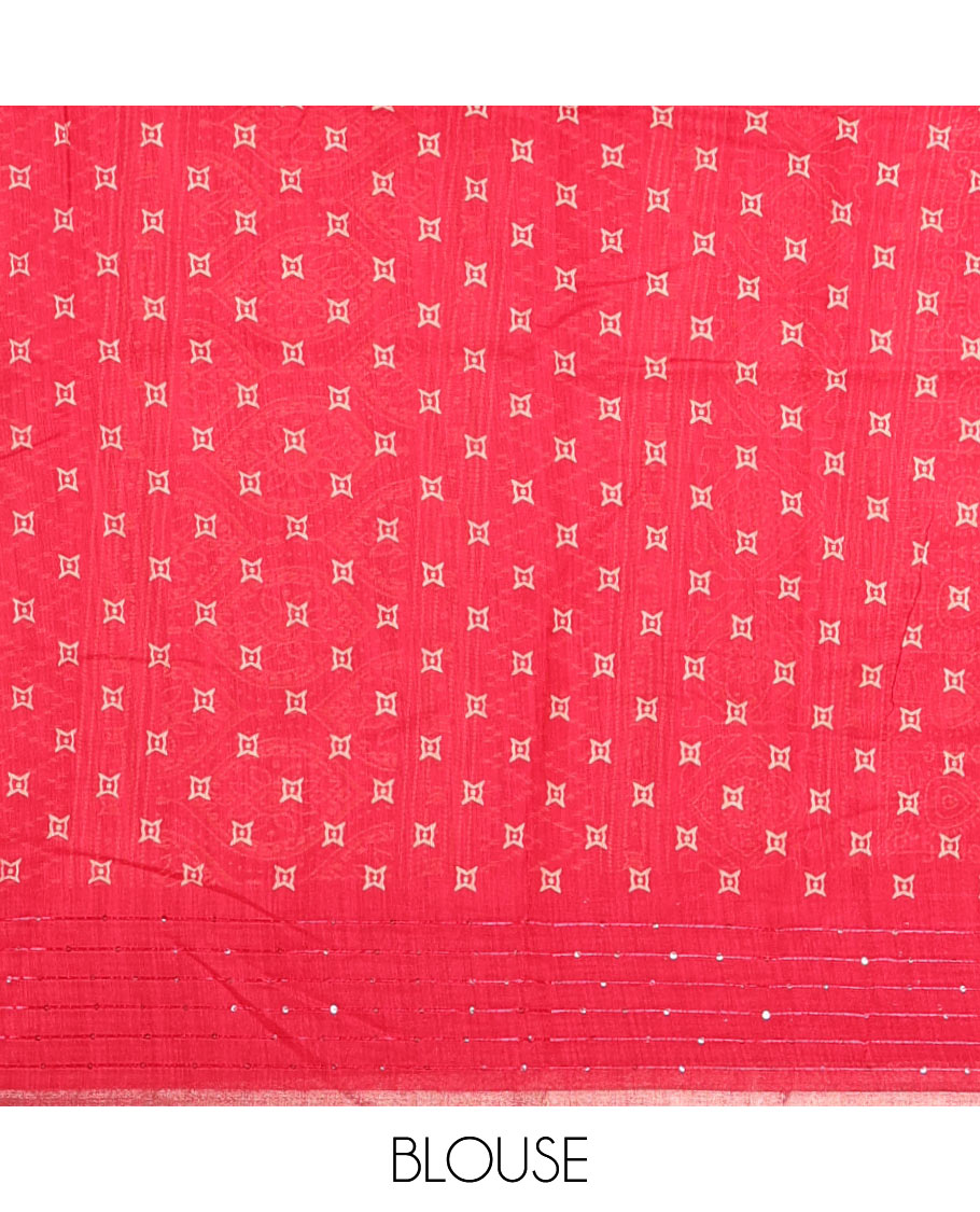 Pink zig zag printed soft mercerised cotton saree with sequins work border & printed pallu along with butta design printed blouse