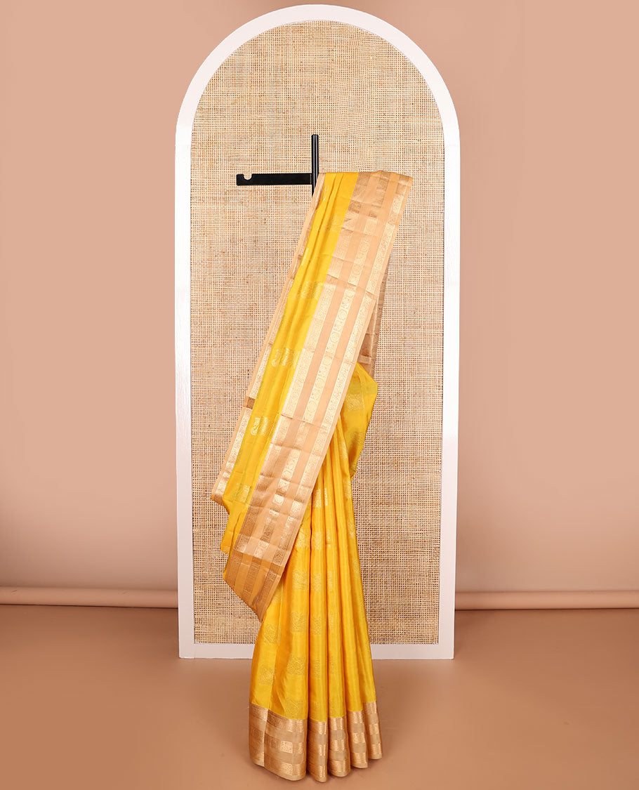 Yellow geometric design vasundhara elite silk saree with contrast rettai pettu zari design border & intricate zari design pallu