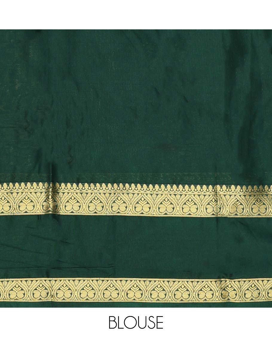 Green madhubani-style floral vine semi-banaras printed saree, contrast traditional design border & striped pallu