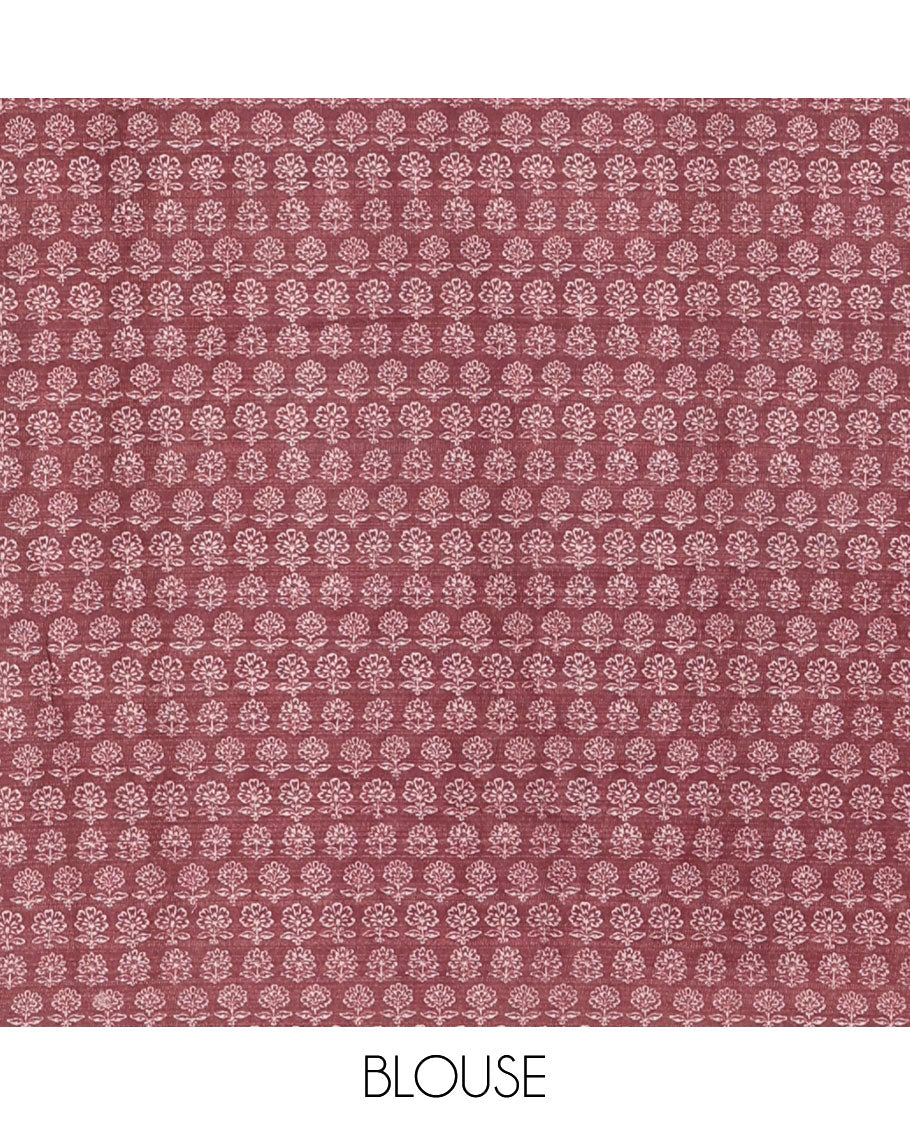 Chikku and Maroon Tissue Linen Saree, Delicately Printed with Floral Motifs on Its Body, Complemented by a Contrast Border of Paisley Designs, Pallu Steeped with Paisley Designs, and Paired with a Contrast Blouse
