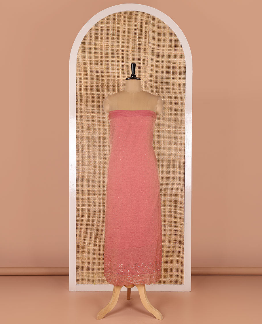 Pink material chudidar set, stone work moss organza top, a matching bottom, and scallop stone work moss organza dupatta