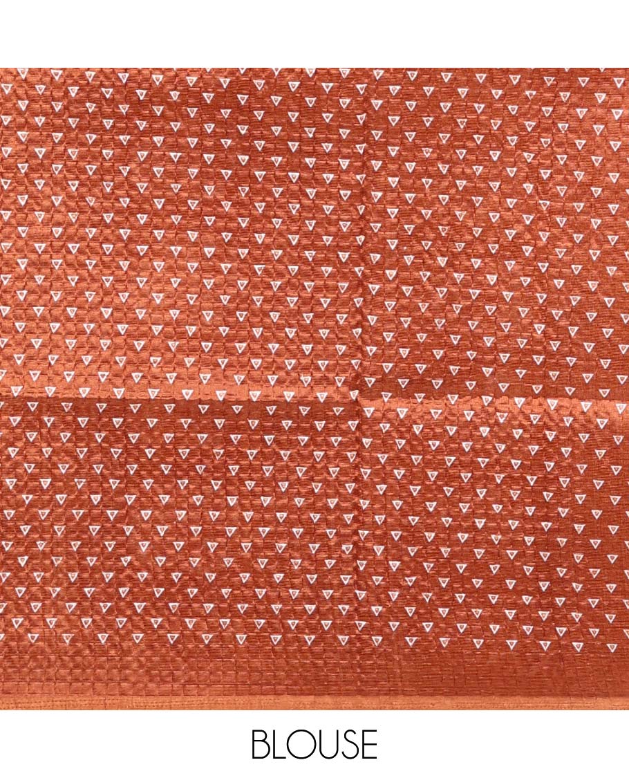 Brown batik-style triangle & floral printed litchi crushed saree,self-border,geometric print pallu & triangle motif printed blouse