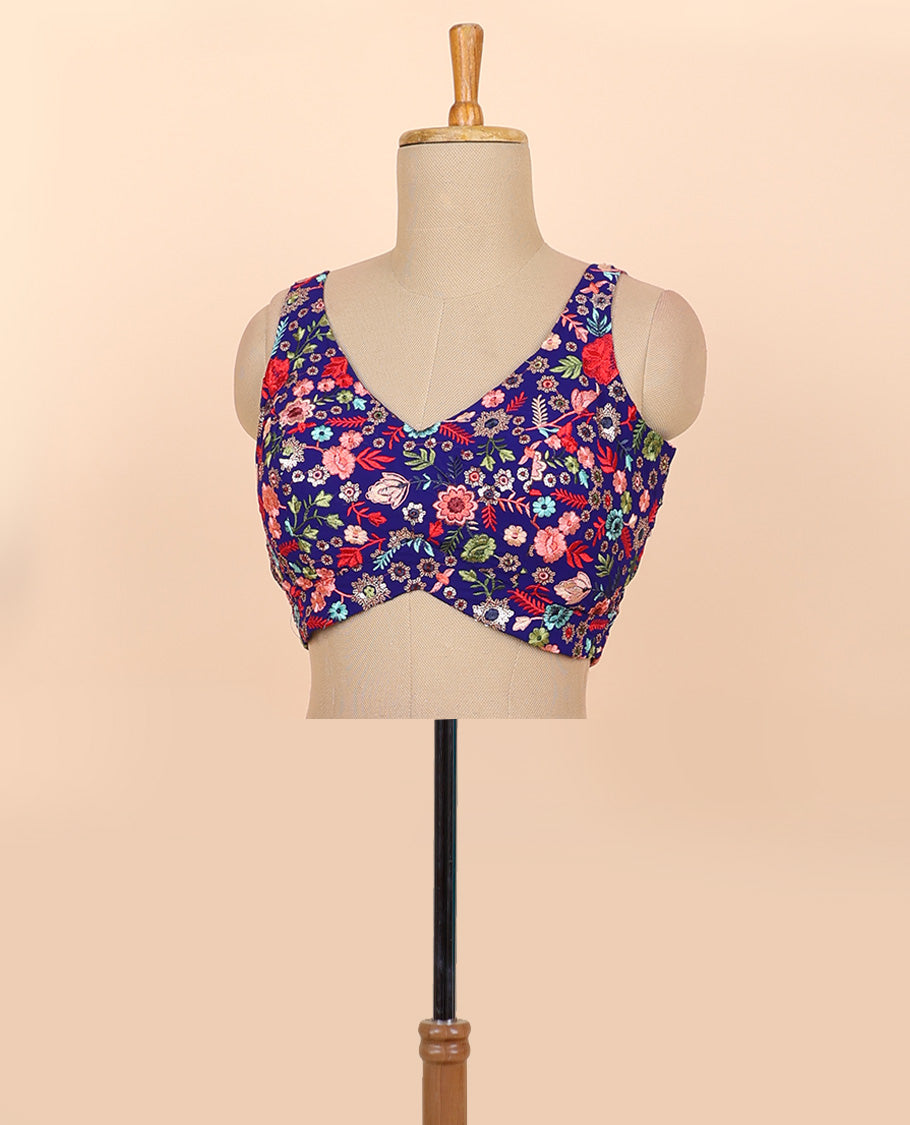 Blue floral embroidered front & back deep v-neck raw-silk readymade sleeveless blouse