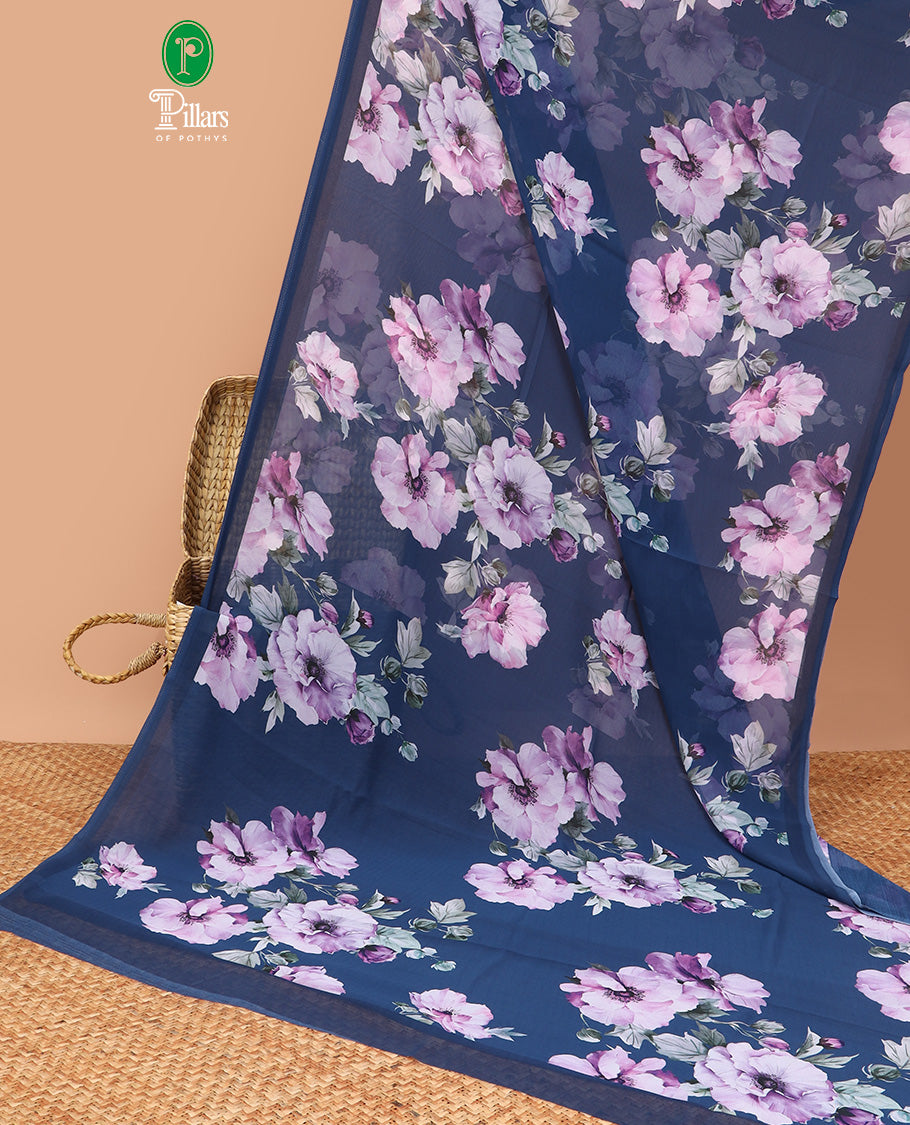 Borderless blue digital floral print georgette saree with self pallu