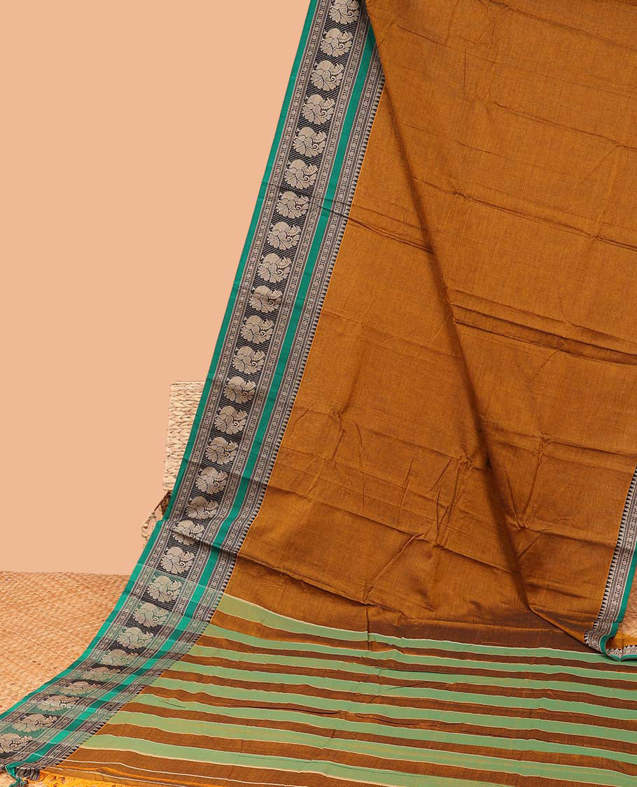 Brown plain design Narayanapet cotton saree, contrast traditional design border & striped pallu