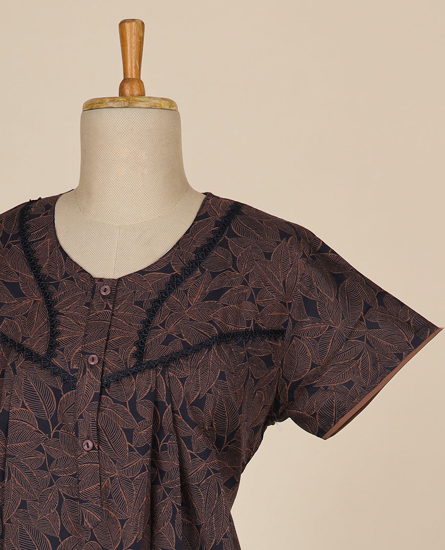 Black leaf printed & round neck with lace, cotton half-sleeve nighty