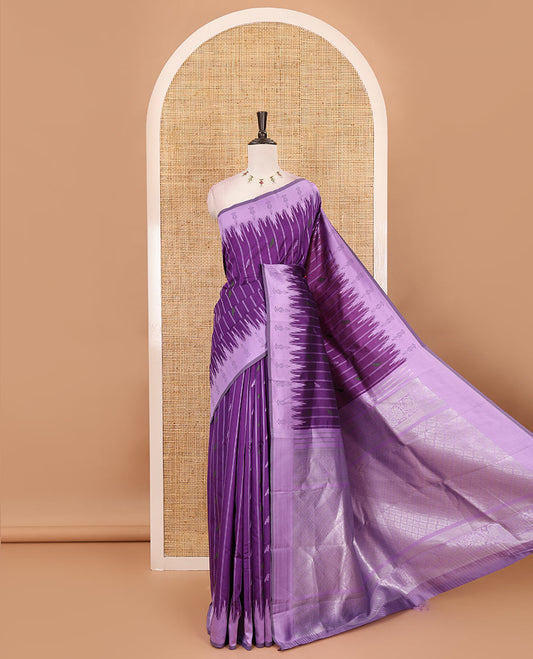 Violet vertical striped & parrot motifs kanchi silk saree, contrast satin temple border, zari-rich jaal pallu & contrast zari design blouse