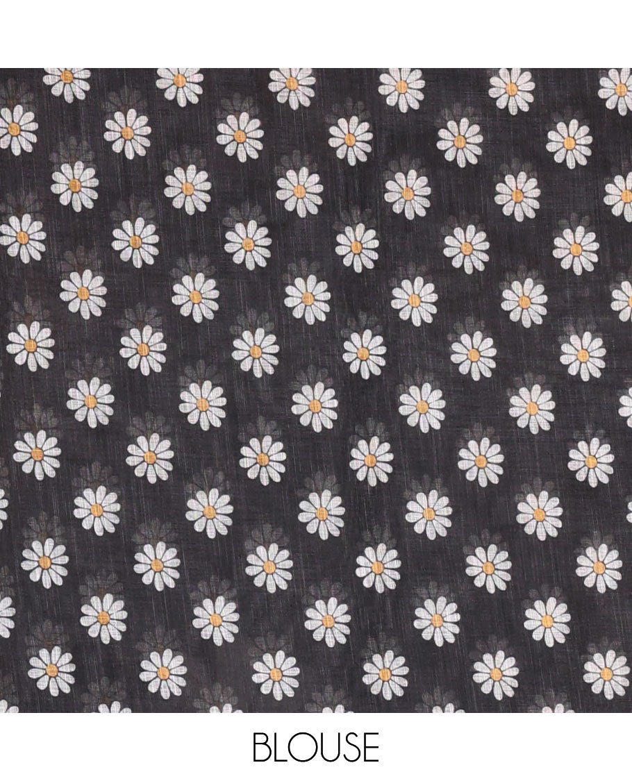 Borderless white-black 2D-style daisy floral printed linen cotton saree, daisy floral printed pallu, and daisy floral printed blouse