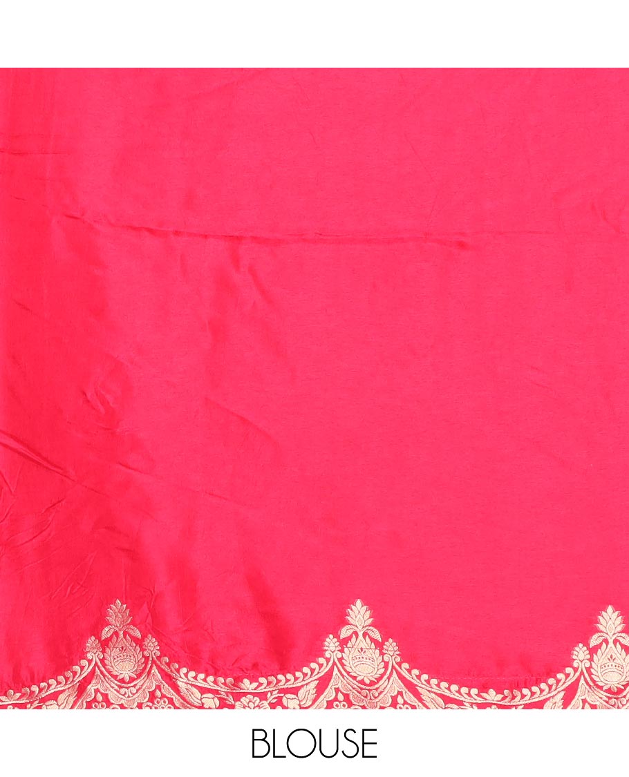 Pink floral buttas semi-banaras dola silk saree with scallop border & peacock design pallu