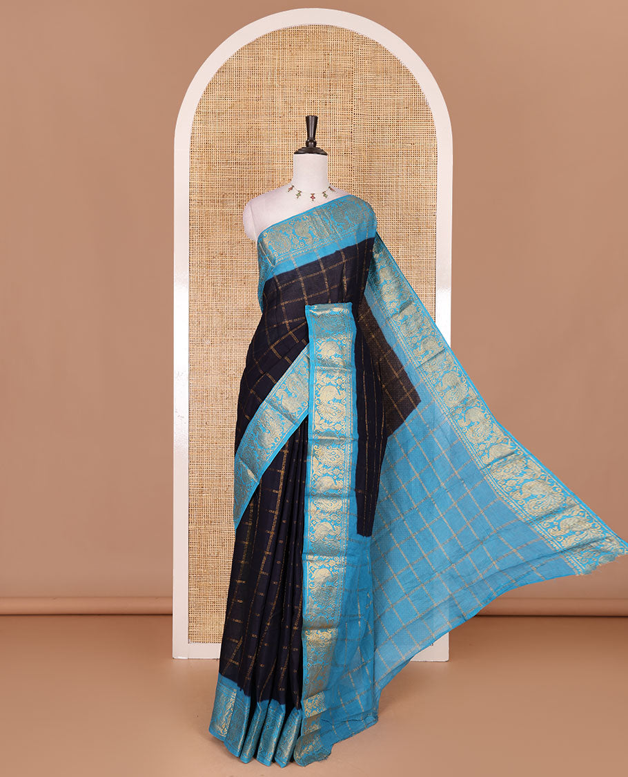 Navy blue and sky blue zari checked Sungudi cotton saree, contrast peacock motifs zari border, checked pallu, and contrast checked blouse