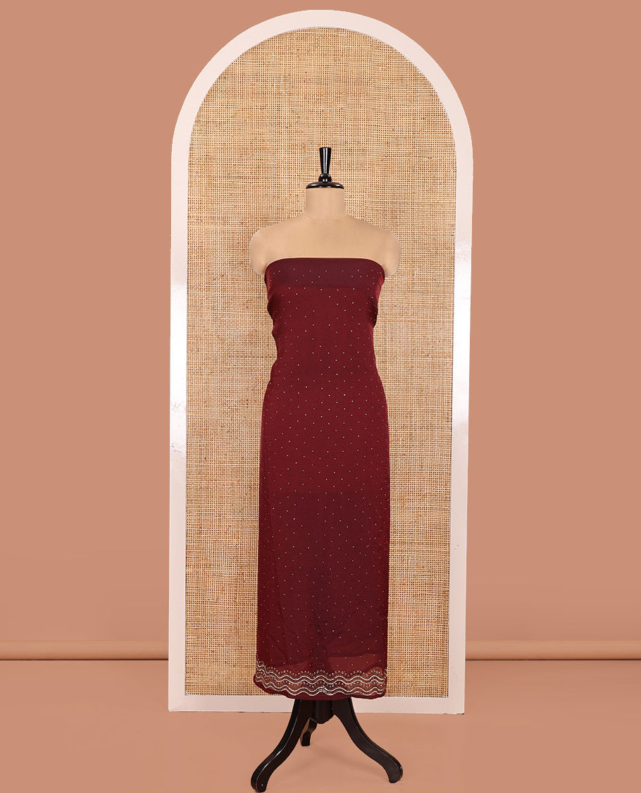 Maroon Material Churidar Set, Highlighted with Swarovski Stone Work Nc Moss Organza Top, Comes with a Plain Santoon Bottom, and Floral Printed Nc Moss Organza Dupatta