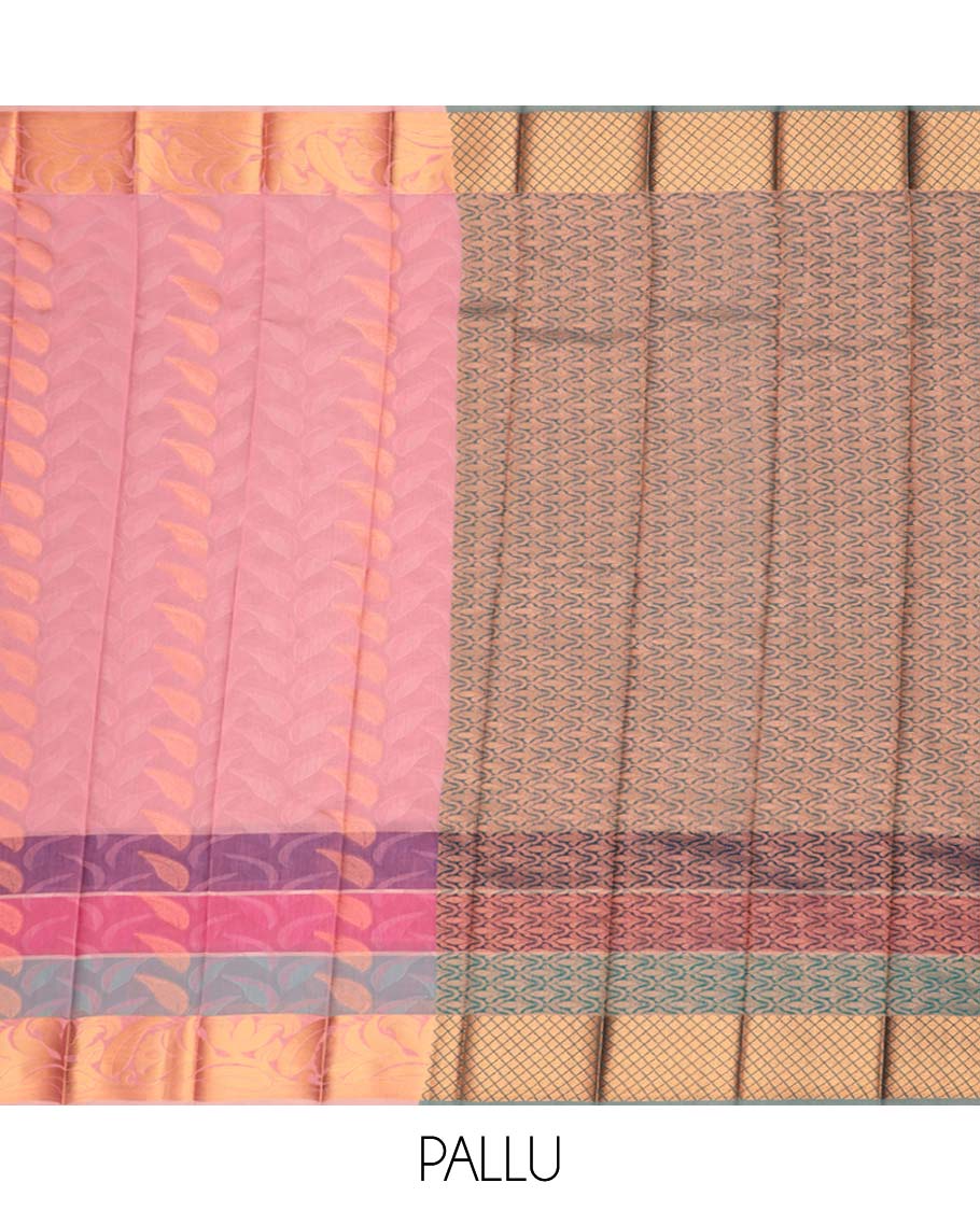 Light pink leaf design kora cotton saree contrast floral vine design border & ogee zari design pallu