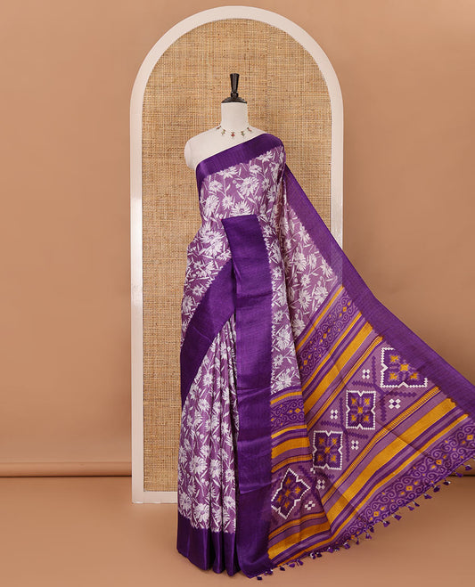 Violet sunflower motifs printed Khadi cotton saree, contrast plain border, patola geometric printed pallu & contrast blouse