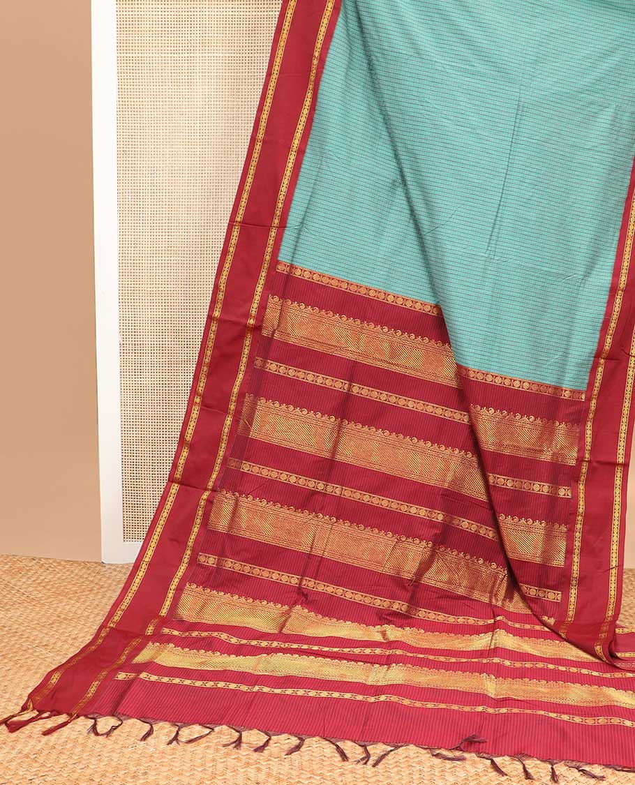 Blue checked nine yards cotton saree with contrast zari design border & striped zari design pallu