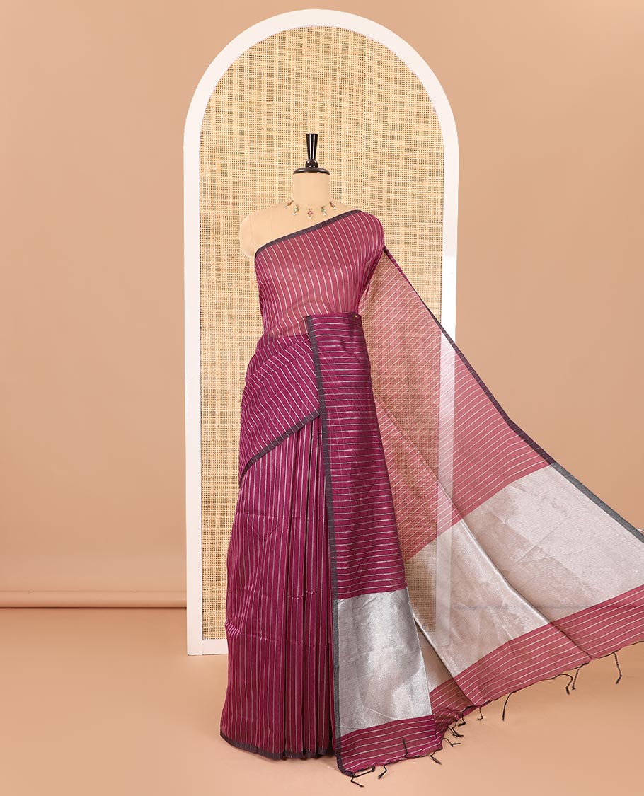 Borderless purple zari vertically striped khadi mul cotton saree, gleaming zari pallu and a matching blouse