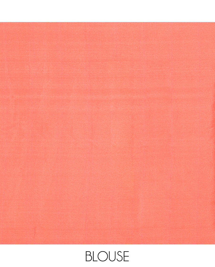 Borderless Peach South Indian Cotton Saree, Artfully Printed with Classy Women Motifs Printed On Its Body, Self-Subtly Striped Pallu, and Paired with a Contrast Blouse
