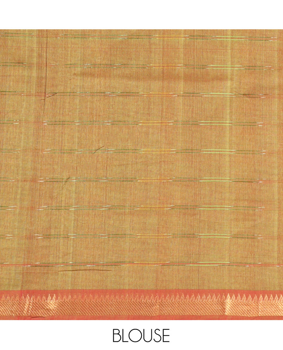 Red Mangalgiri Cotton Saree, Subtly Sparkled with Checked Design on Its Body, Zari Temple Border, Zari-Striped Pallu, and Paired with a Contrast Blouse