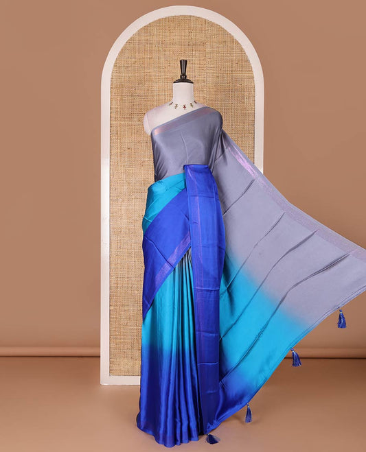 Royal blue ombre full-plain satin crepe saree, copper zari border, and plain blouse