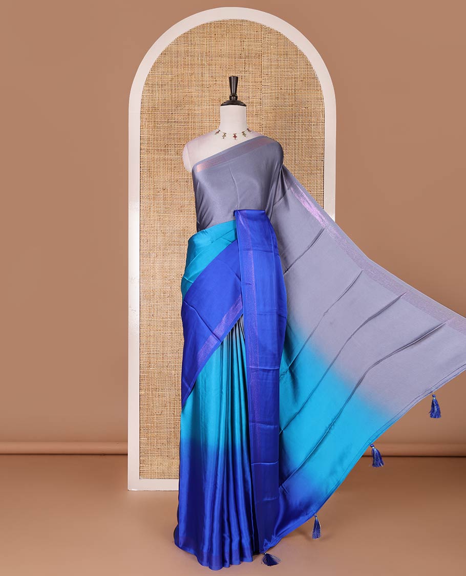 Royal blue ombre full-plain satin crepe saree, copper zari border, and plain blouse