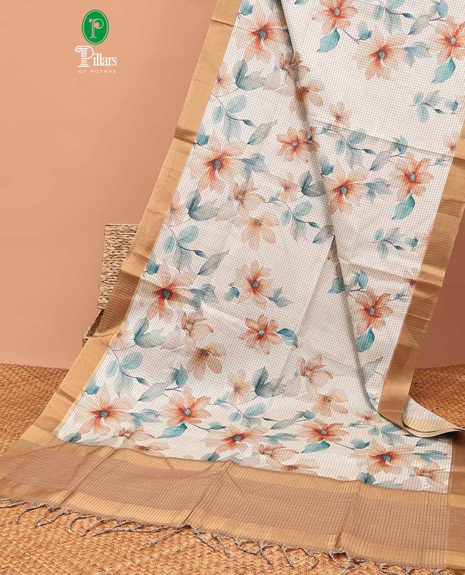 Mustard zari checks semi tussar silk saree with digital floral print & short pallu along with digital small print design blouse