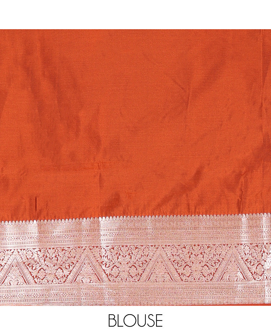 Black-Rust Semi-Soft Silk Saree, Finely Woven with Zari Buttas All Over Its Body, Complemented by a Contrast Traditional Zari Design Border, Intricately Designed Pallu, and Paired with a Contrast Blouse