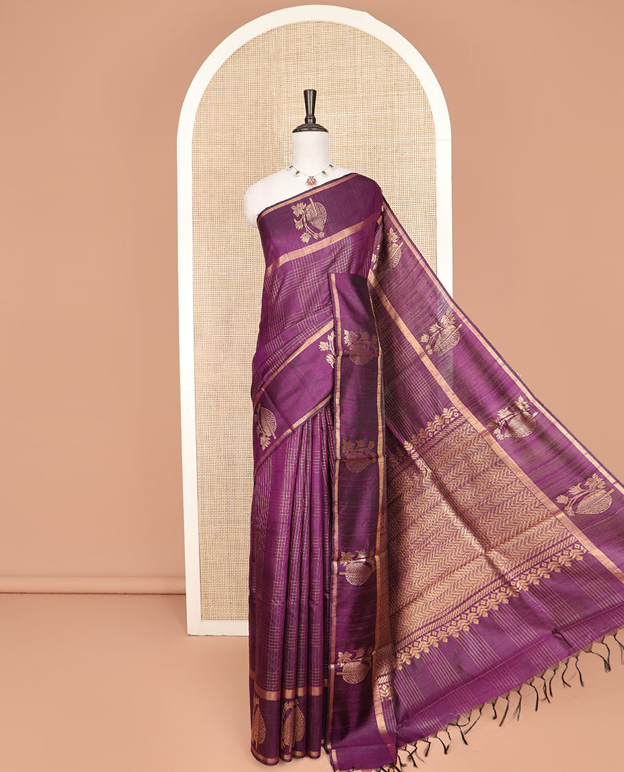 Purple Dupion Silk Saree, Enriched with Zari Buttas and Checks All Over Its Body, Highlighted by a Zari Border of Floral-Leaf Designs, Pallu Delicately Woven with Chevron Designs, and Paired with a Matching Blouse