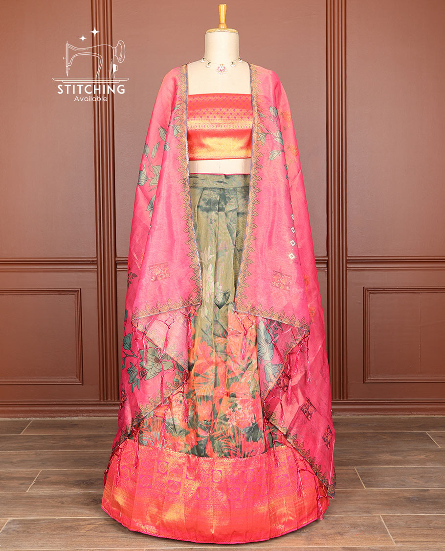 Green floral design half saree with geometric design border, zari design blouse & floral printed design dhavani