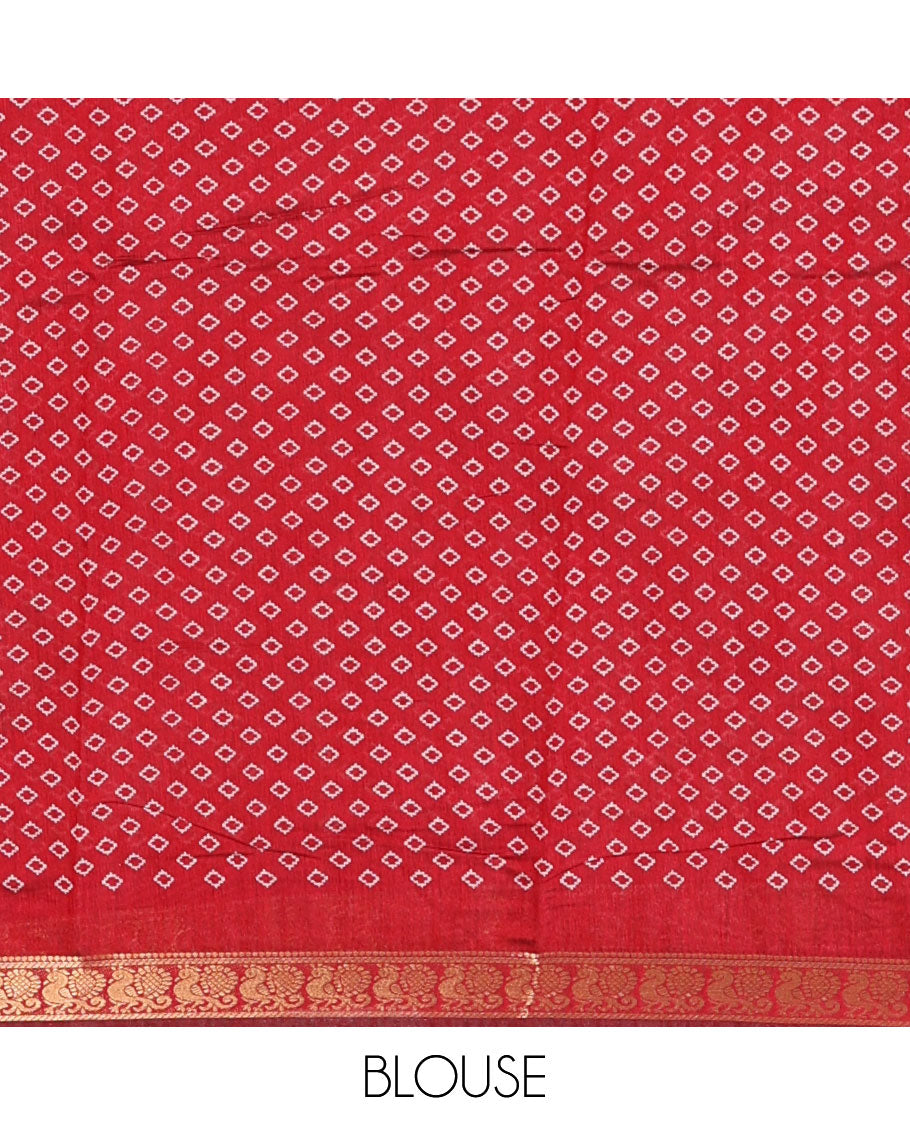 Maroon zig-zag shibori printed Maheshwari silk saree,contrast peacock zari border, nature-theme scenery print pallu & butta print blouse