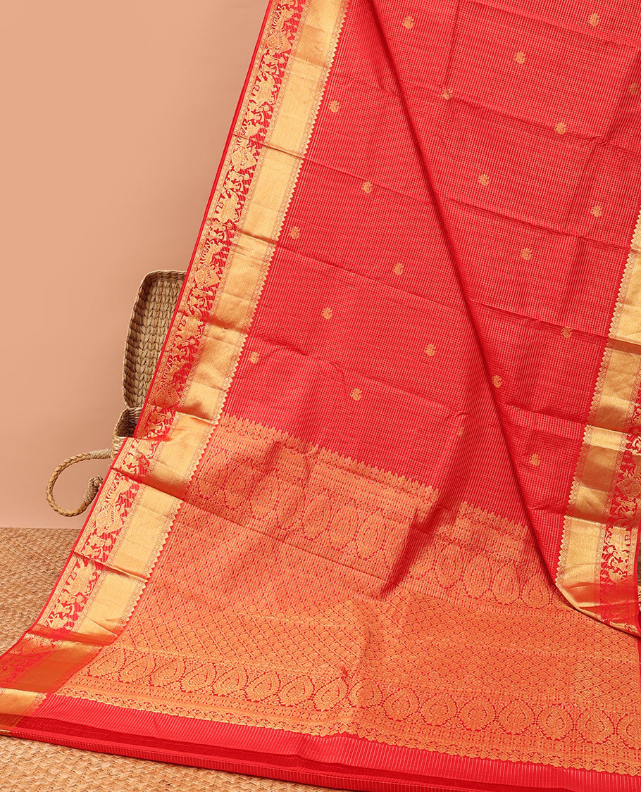 Red checked with floral buttas kancheepuram silk saree, self wedding design border & intricate jaal zari pallu