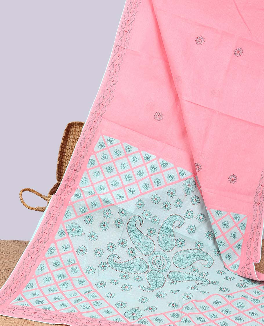 Pink floral embroidery lucknowi chikankari cotton saree, self border & checked enclosed with floral & paisley embroidery