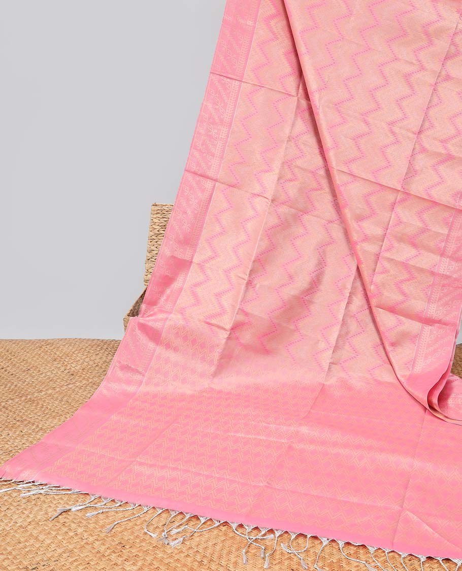 Pink zig zag striped kora cotton saree with contrast floral border & argyle design pallu