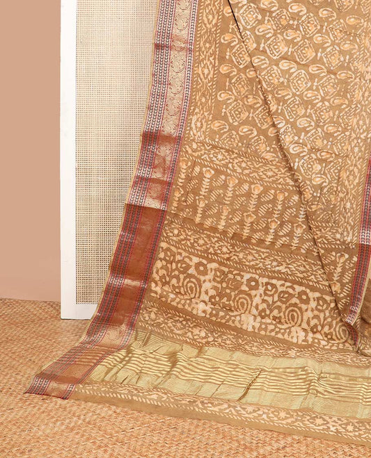 Brown batik floral design chanderi cotton saree with self zari design border & striped, floral design pallu