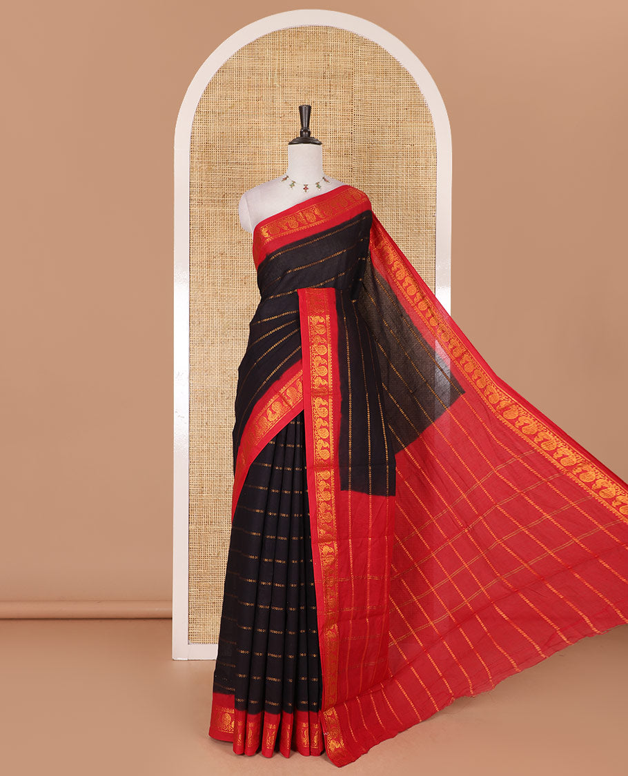 Black and red veldhari zari striped Sungudi cotton saree, contrast peacock zari motif border, zari striped pallu, and contrast zari design blouse