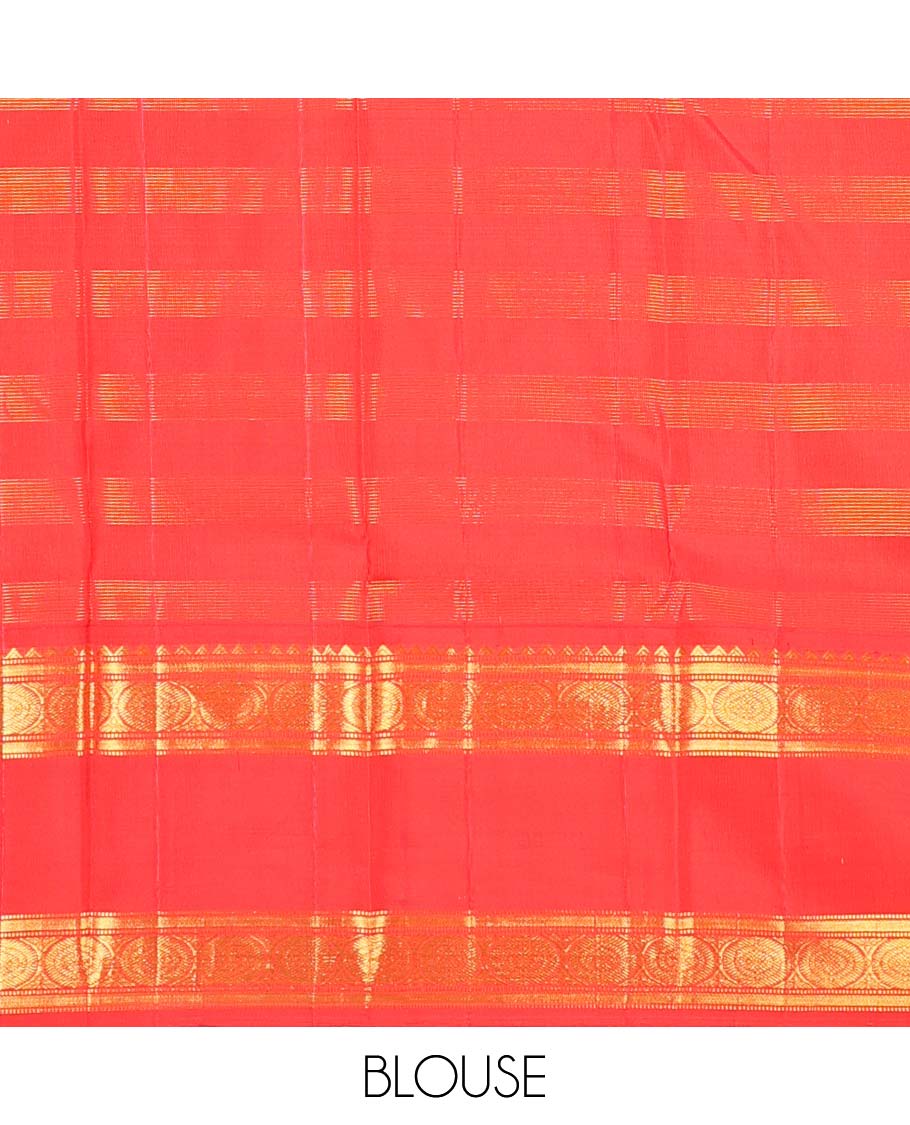 Blue zari stripes, and buttas Kanchipuram korvai silk saree, contrast rettai pettu neer korvai border of thilakam mokku, neli, muthu, kodi visiry, manga, yaanai, and mayil designs, and vanki design pallu