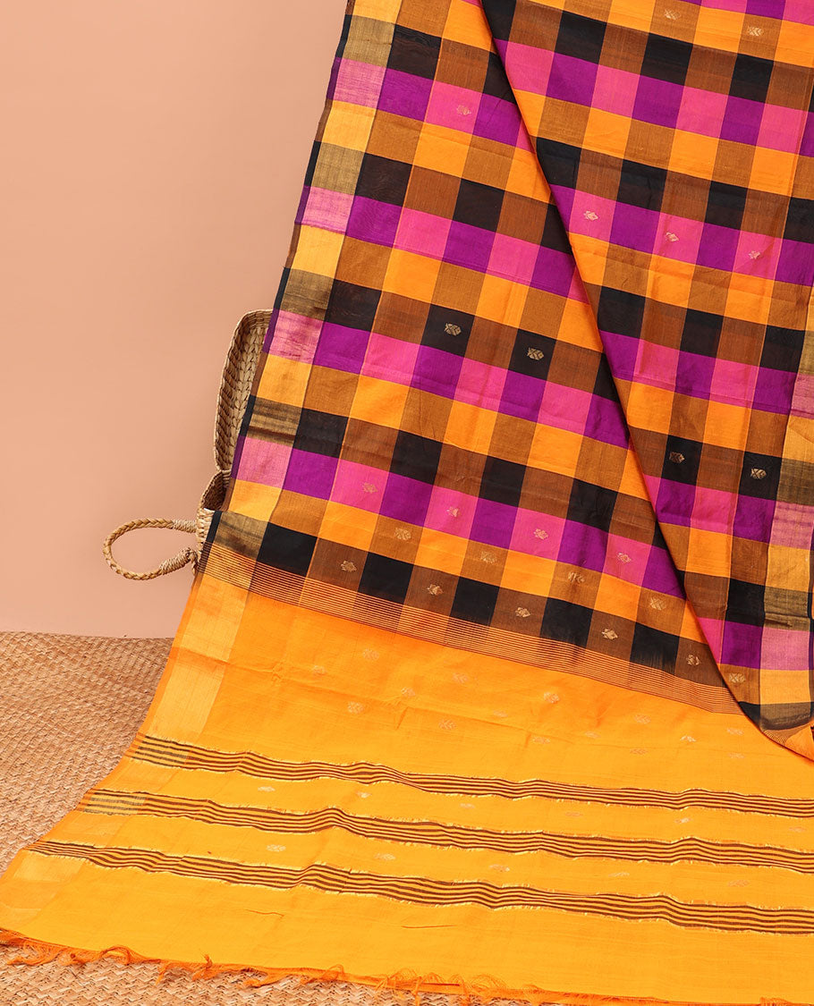 Multi-color checked kuppadam cotton saree with all-over buttas, self-border & pallu of stripes