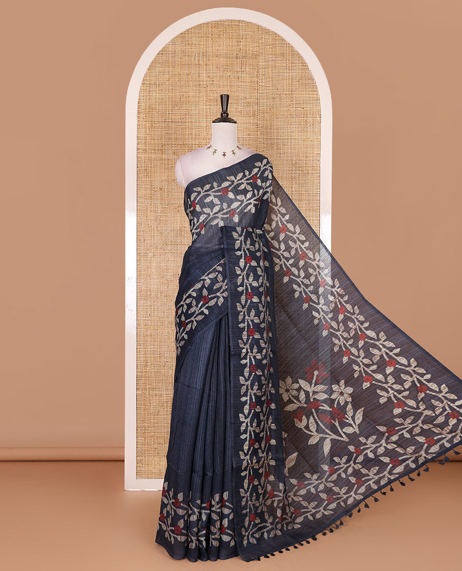 Elephant grey jamdani style floral vine design semi-jute silk saree, floral vine printed border, pallu, and blouse of small buttas print