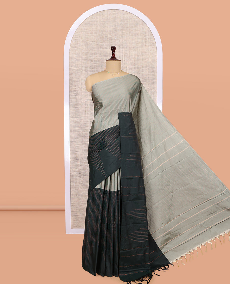 Borderless Grey-Green Arani Saree, Crafted with Zari Stripes, a Self-Pallu, and a Matching Blouse