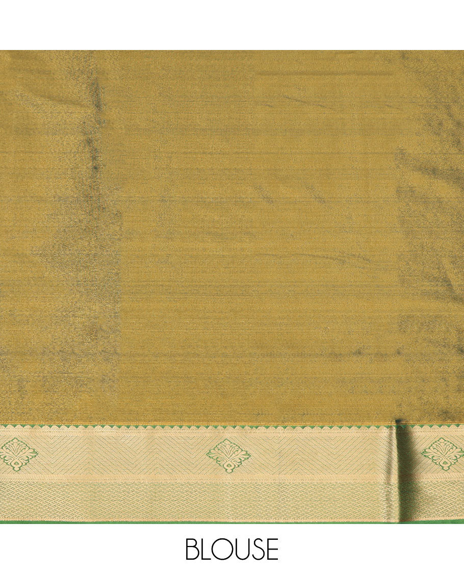 Sandal art silk pavadai material set, floral meenakari jacquard pavadai, contrast green blouse & traditional zari border