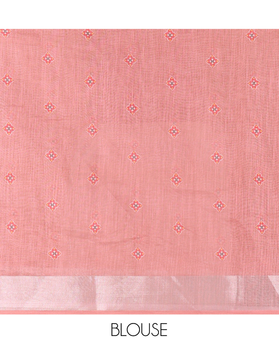 White-Onion Pink Linen Cotton Saree Features Horizontal Stripes on Its Body, Complemented by a Contrast Zari Border, Multi-Color Striped Pallu, and Paired with a Contrast Blouse