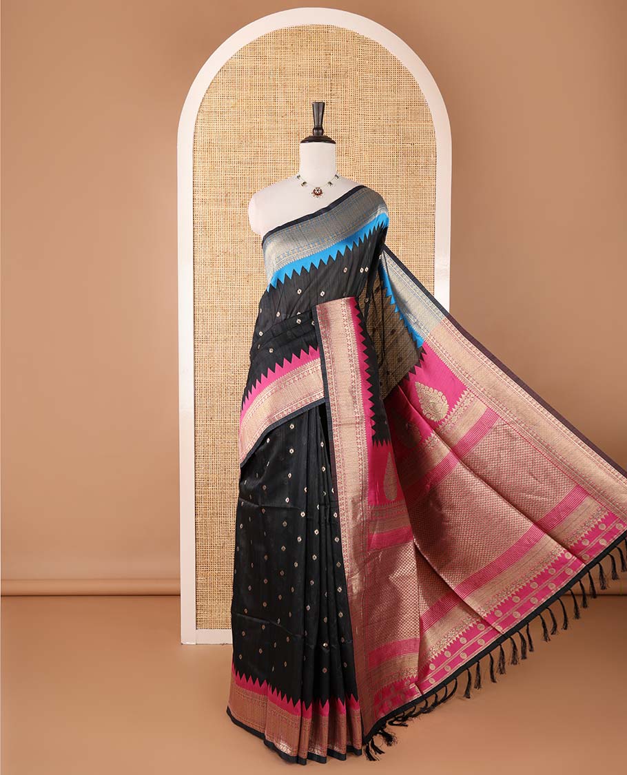 Black buttas banarasi jute saree, contrast traditional zari ganga-jamuna-style satin thread border, intricate pallu & plain blue blouse