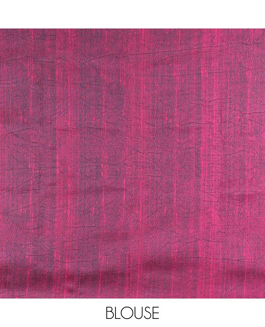 Borderless Peacock Dicharge Print, Madhubani Design Crackle Silk Saree With Carry Design Pallu & Crackle Slub Combination Blouse