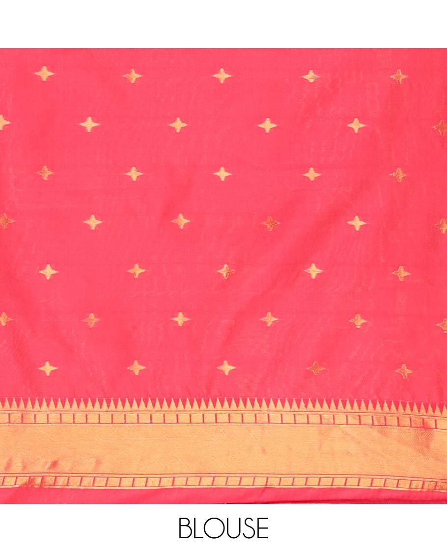Cream with rani pink temple butta kanchi silk saree with temple, traditional zari border & rich weaving pallu along with butta design blouse