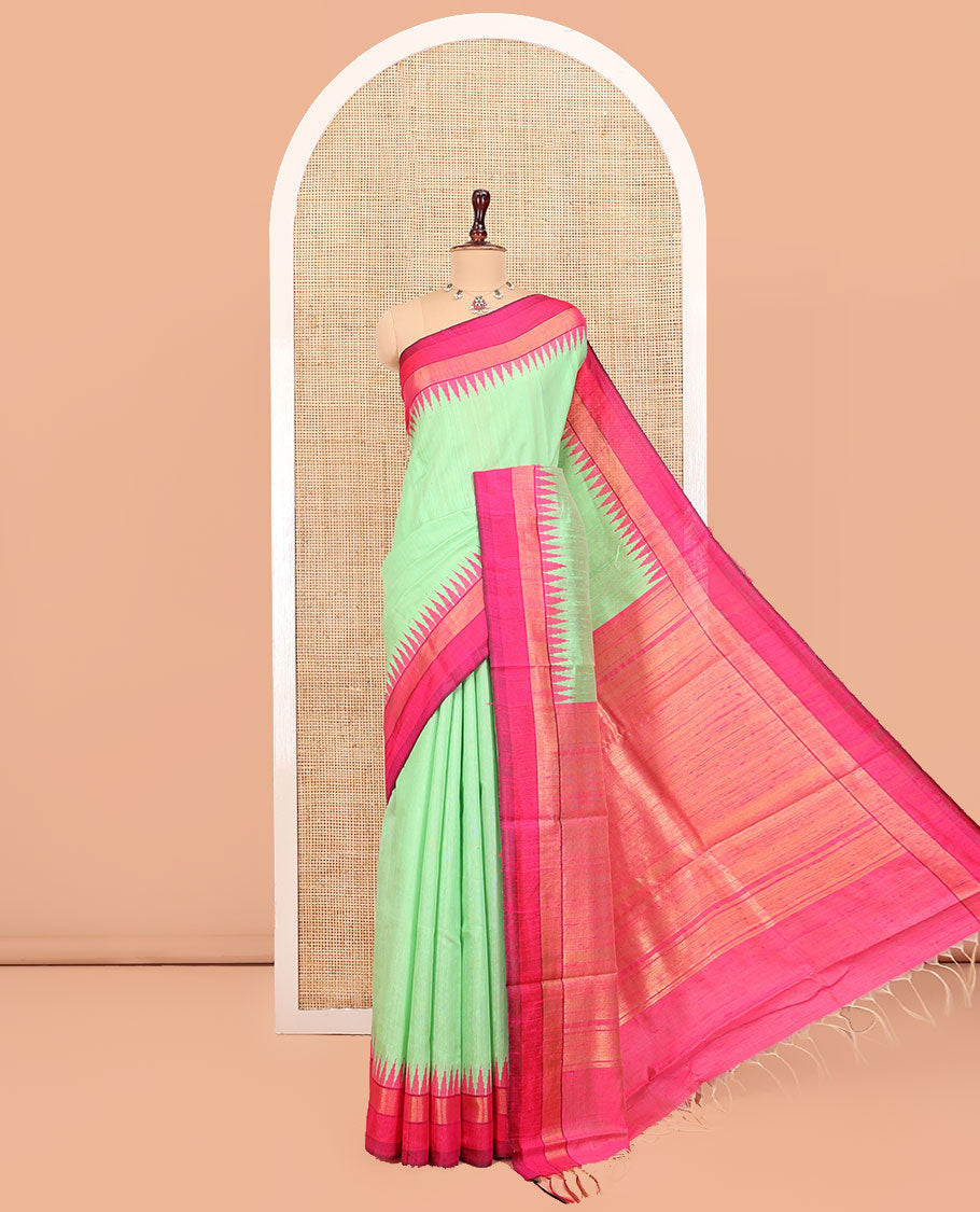 Green Plain Dupion Saree, Complemented by Contrast Temple Zari Border, Gleaming Zari Design Pallu, and Paired with a Contrast Blouse